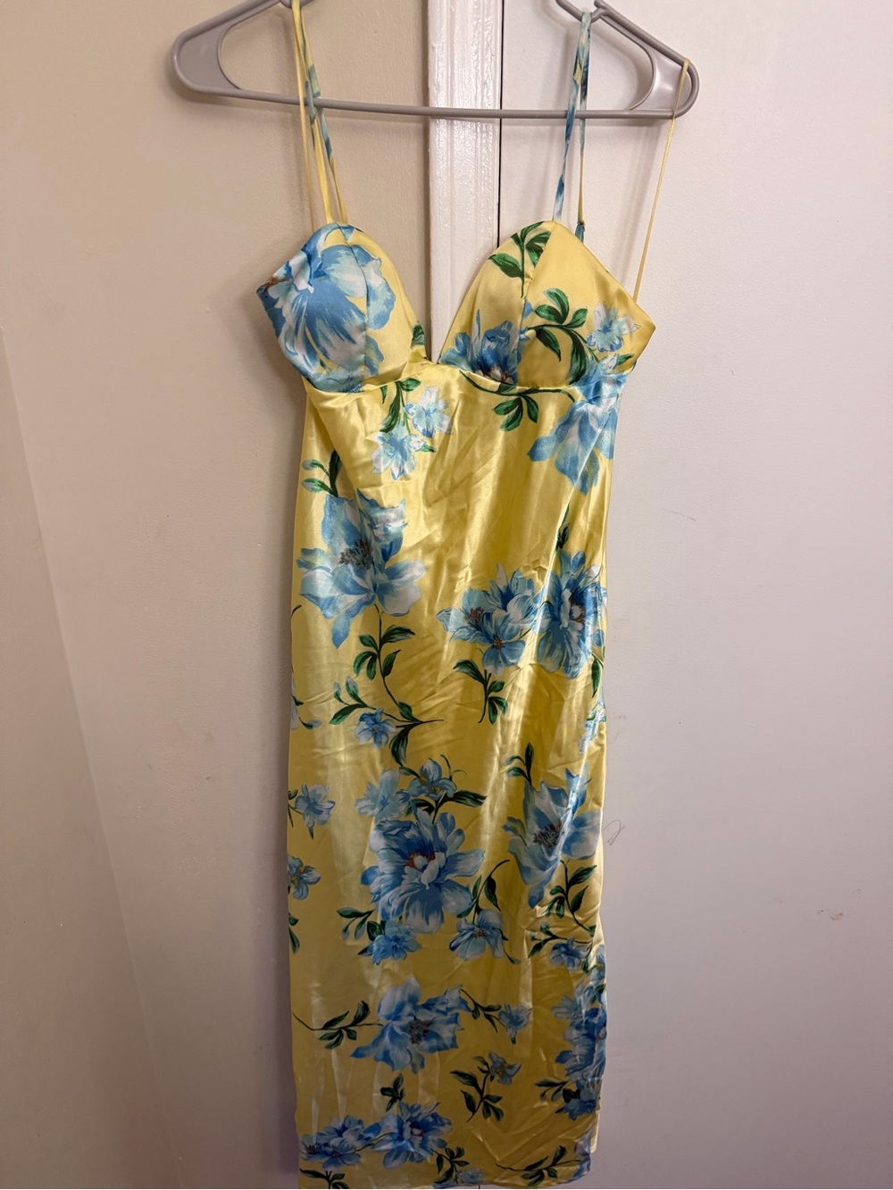 Yellow Floral Midi Slip Dress with Blue Bloom Print